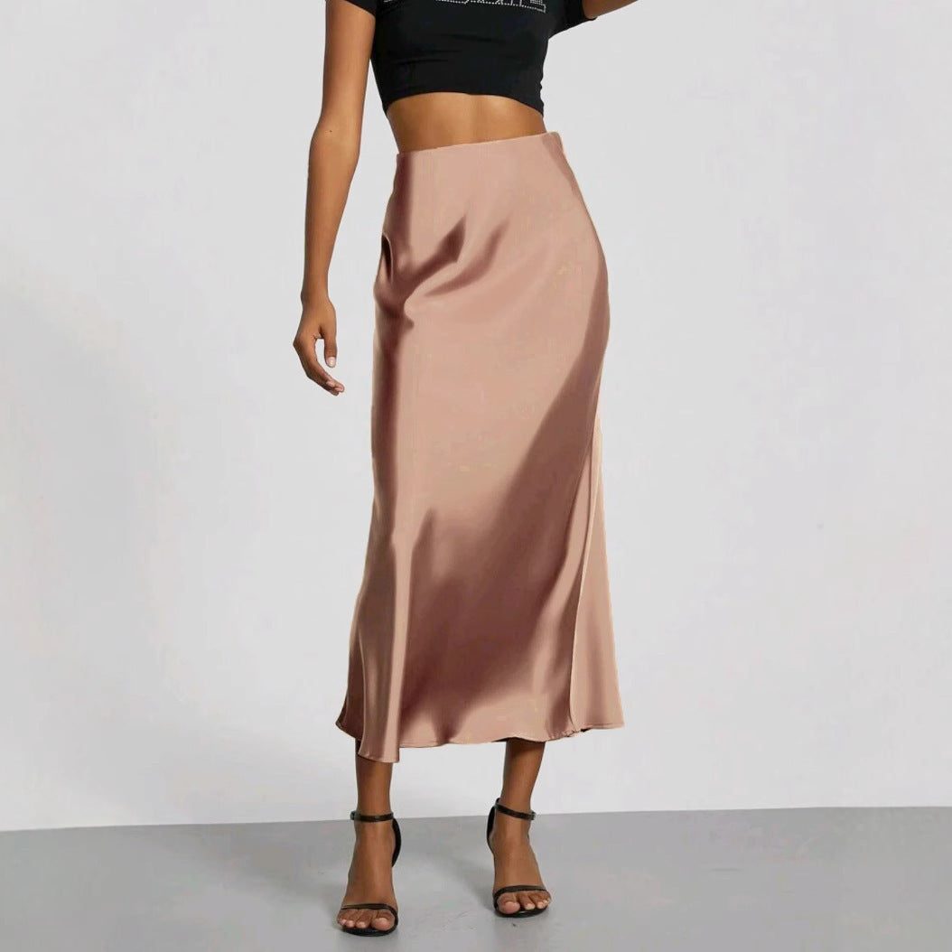 Jupe longue en satin coupe slim pour femme, style chic et uni