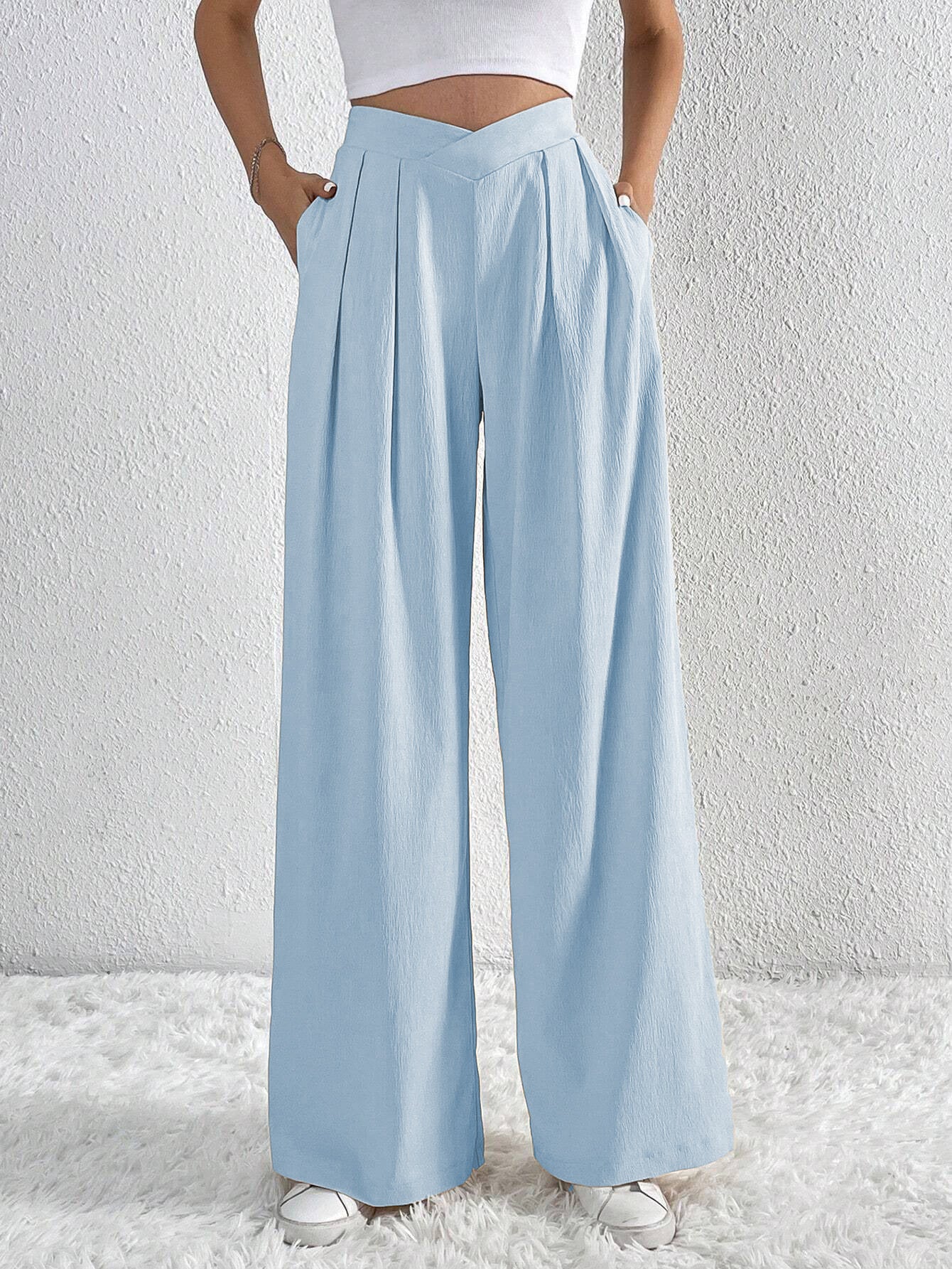 Pantalon ample et décontracté à jambes larges pour femme, couleur unie, style polyvalent et confortable, idéal pour les déplacements quotidiens, été