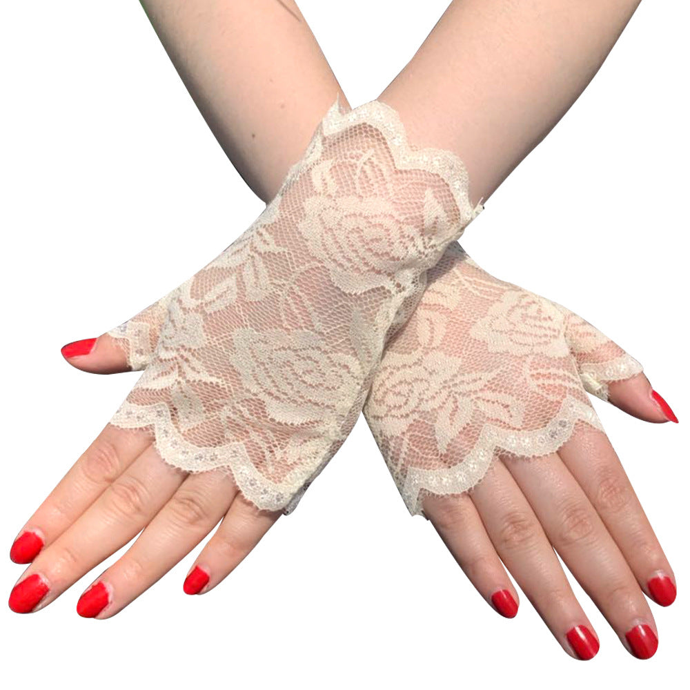 Gants courts demi-doigts en dentelle pour femmes, résistants au soleil