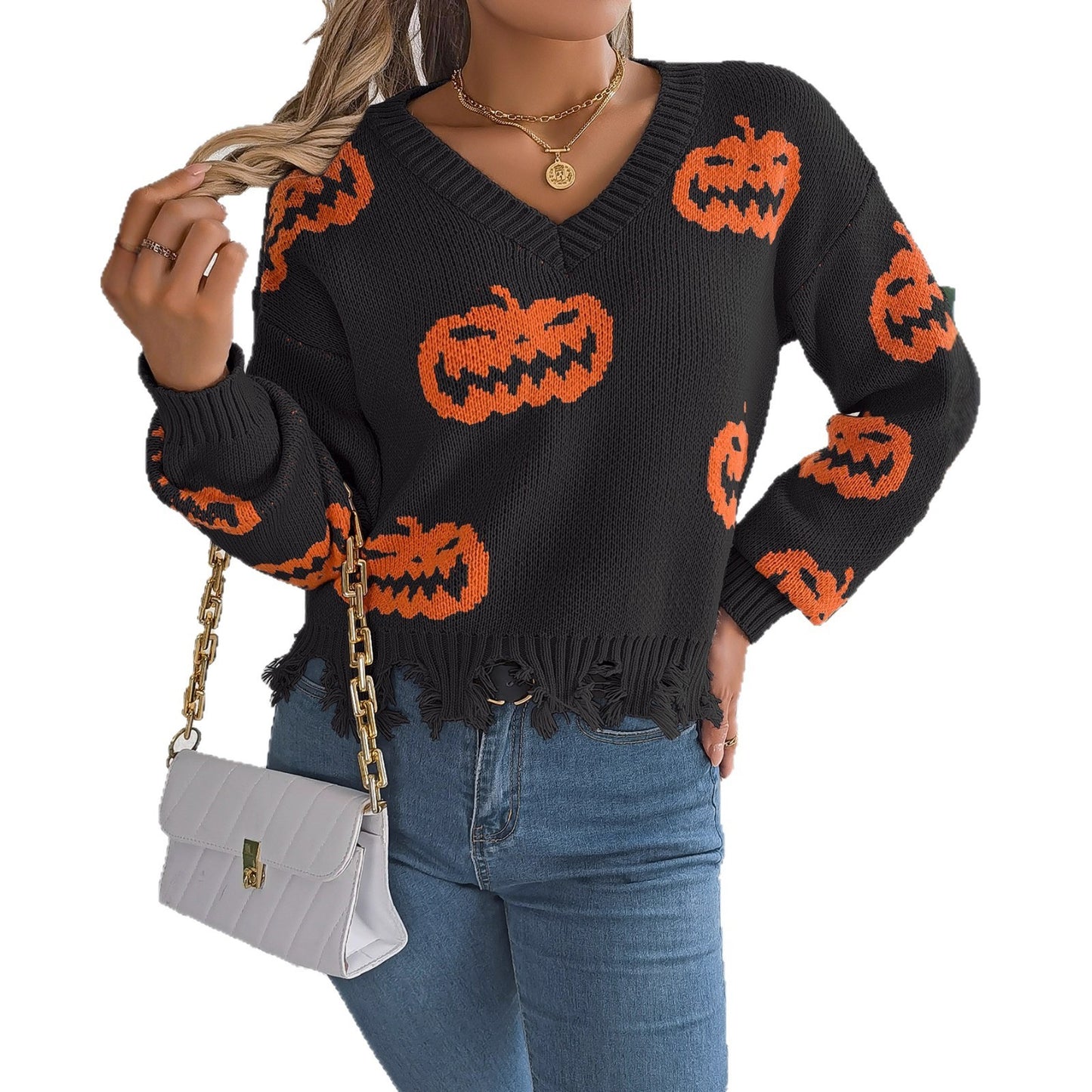 Pull à manches longues à coupe citrouille contrastée pour Halloween