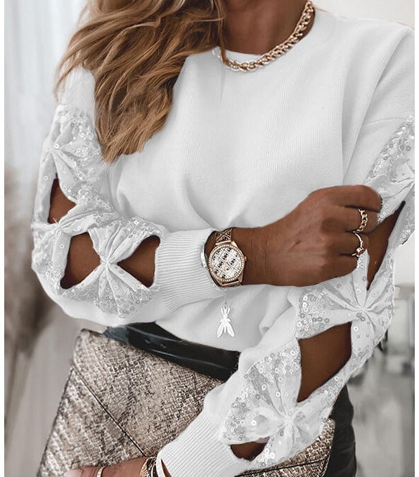 T-shirt à manches longues brodé de paillettes femme