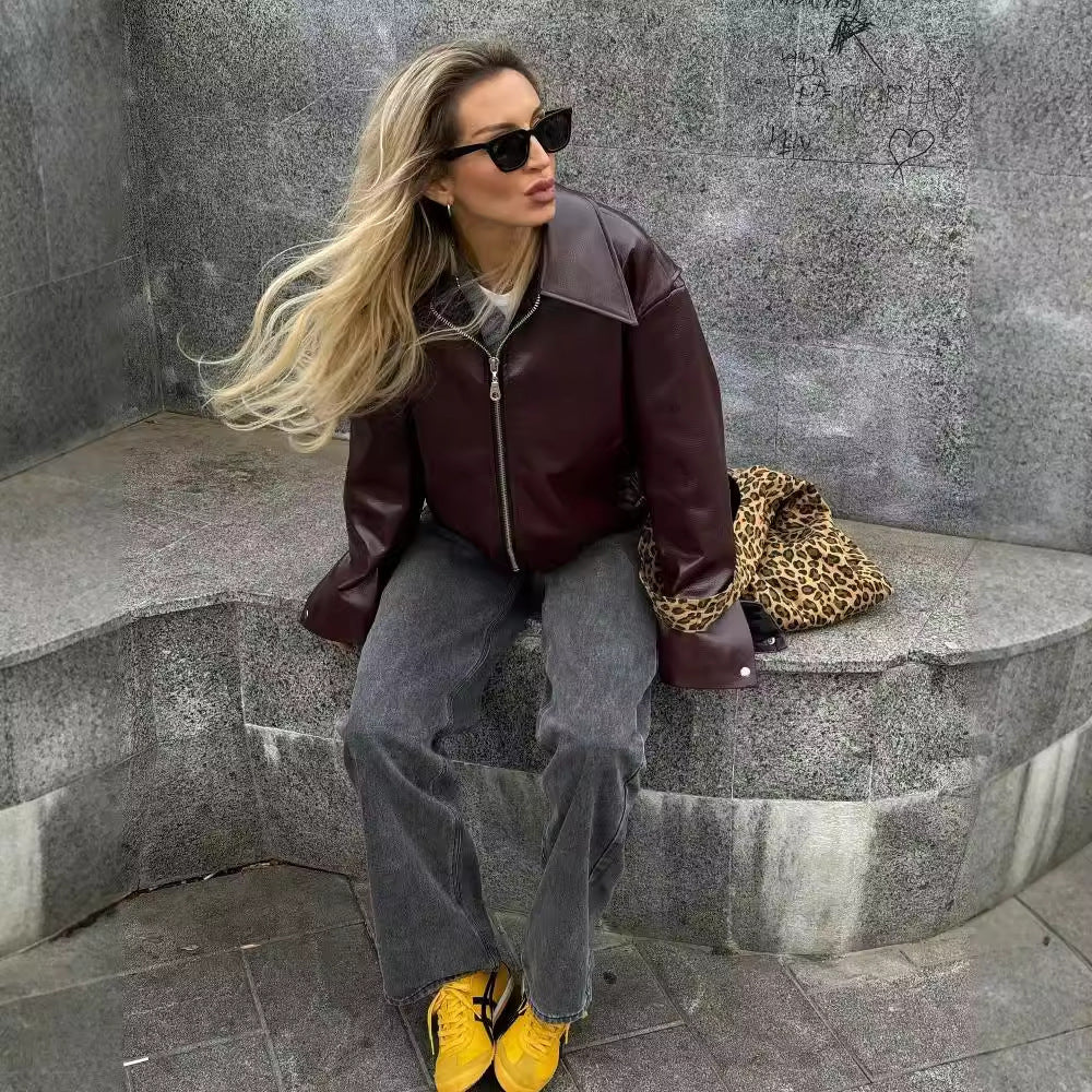 Veste en similicuir, décontractée, tendance