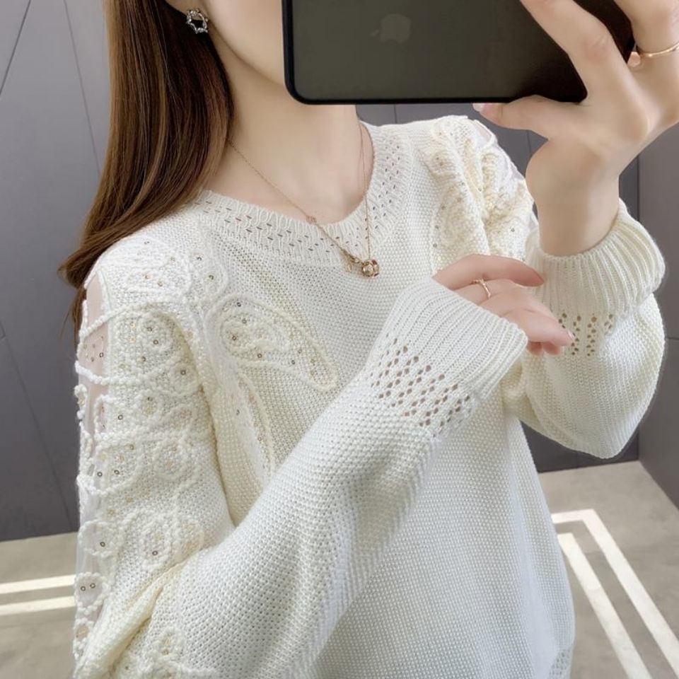 Pull en dentelle à manches longues pour femme, ample et ajouré