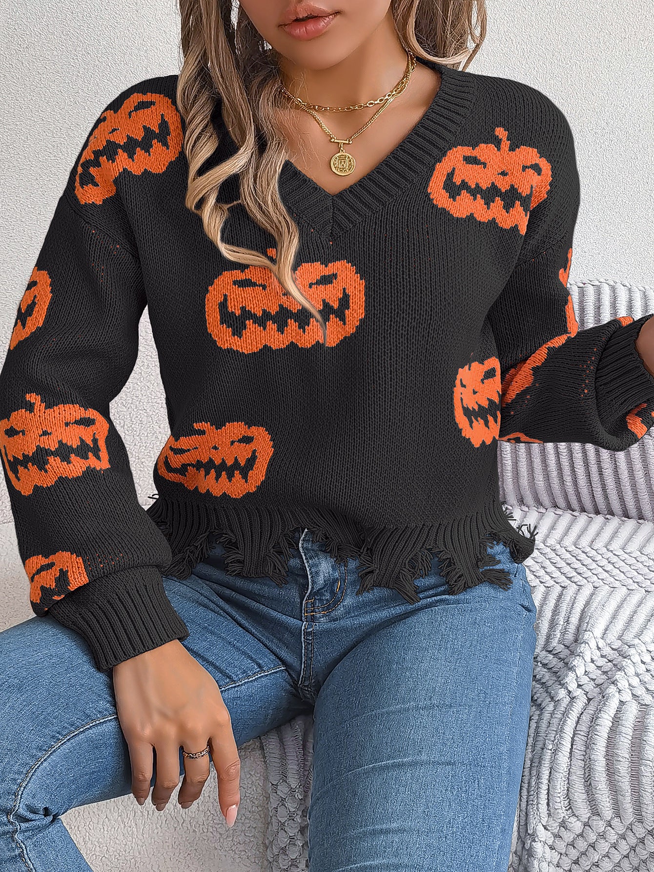 Pull à manches longues à coupe citrouille contrastée pour Halloween