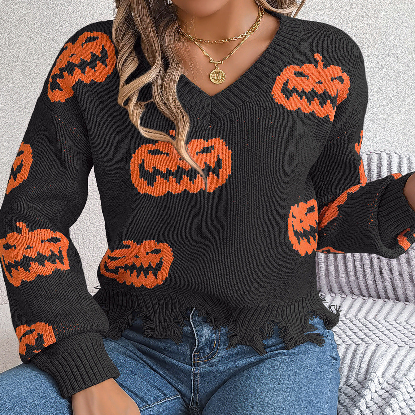 Pull à manches longues à coupe citrouille contrastée pour Halloween