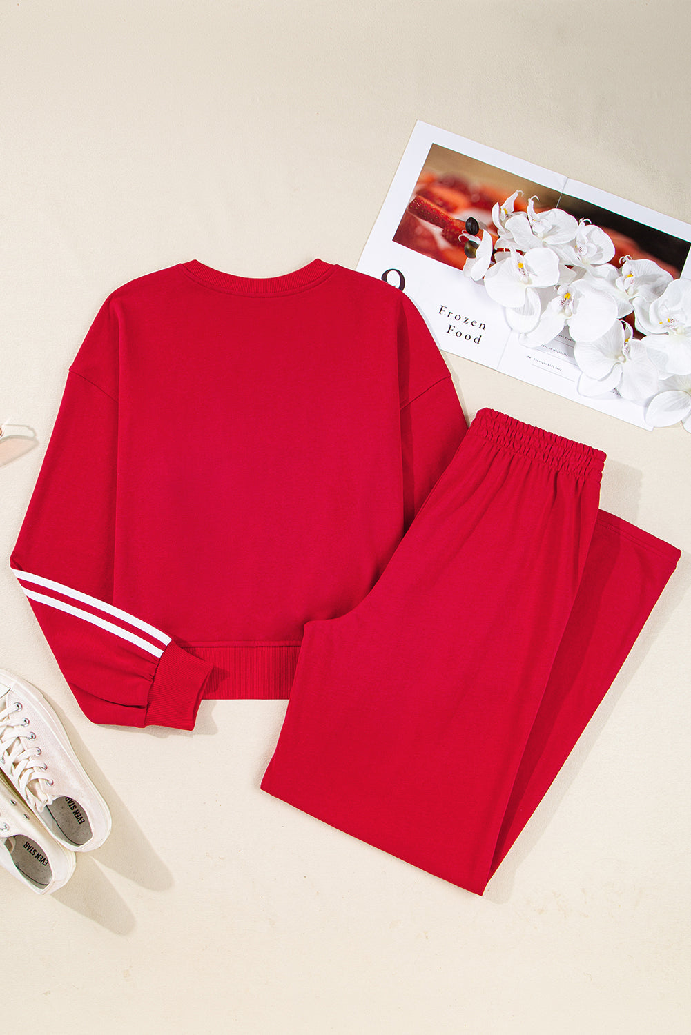 Fiery Red Varsity Striped Detail Crewneck Pullover Elastic Sweatpants 2PCS tenue