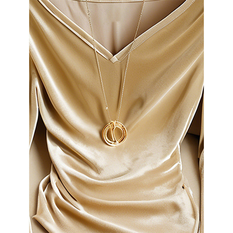 Top Champagne Col V Manches Longues Plissé Femme Hiver