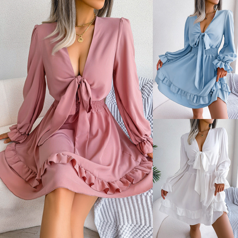 Robe d'été à manches longues et col en V, couleur unie, pour femme, robe trapèze sexy à lacets et col en V, robe de plage pour femme