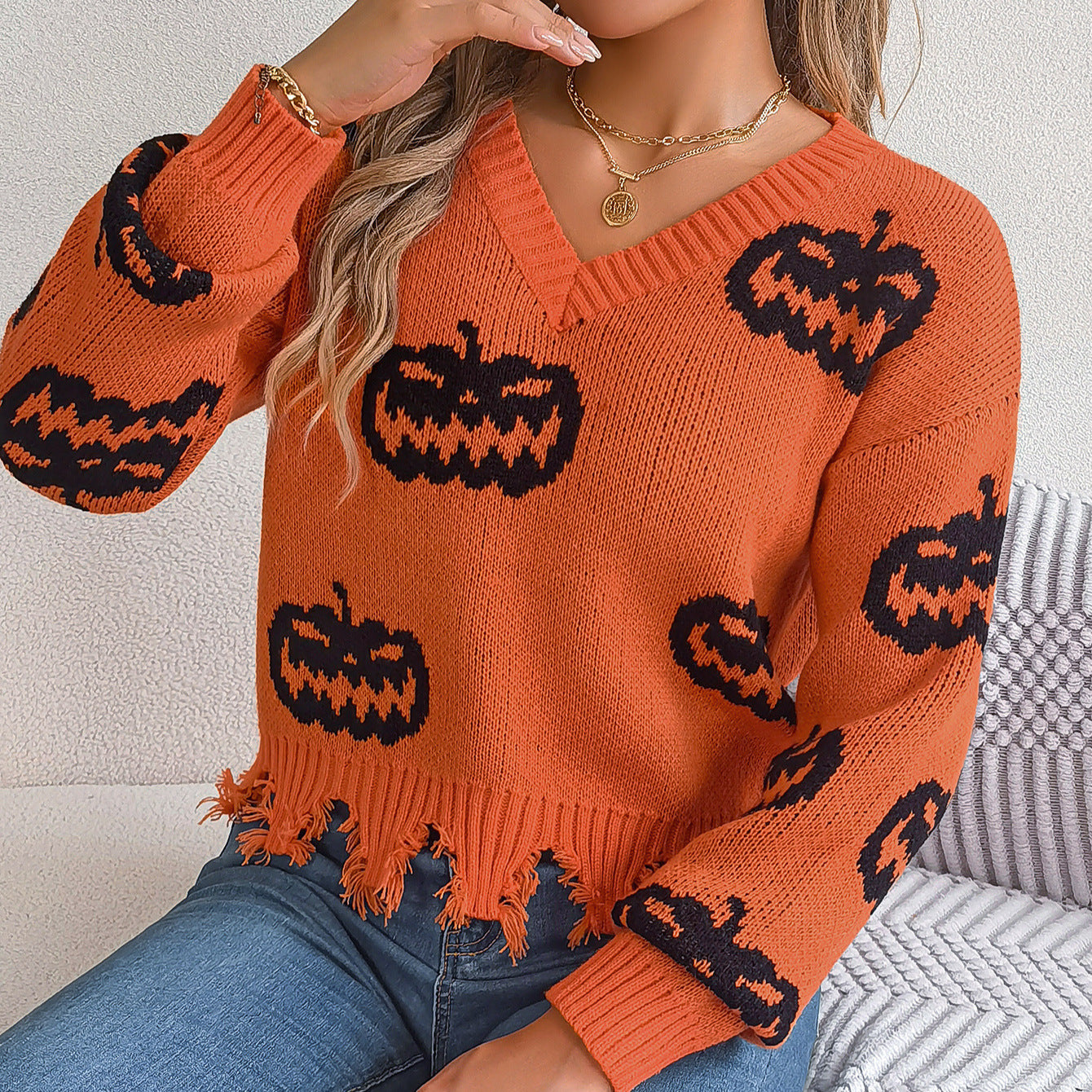 Pull à manches longues à coupe citrouille contrastée pour Halloween