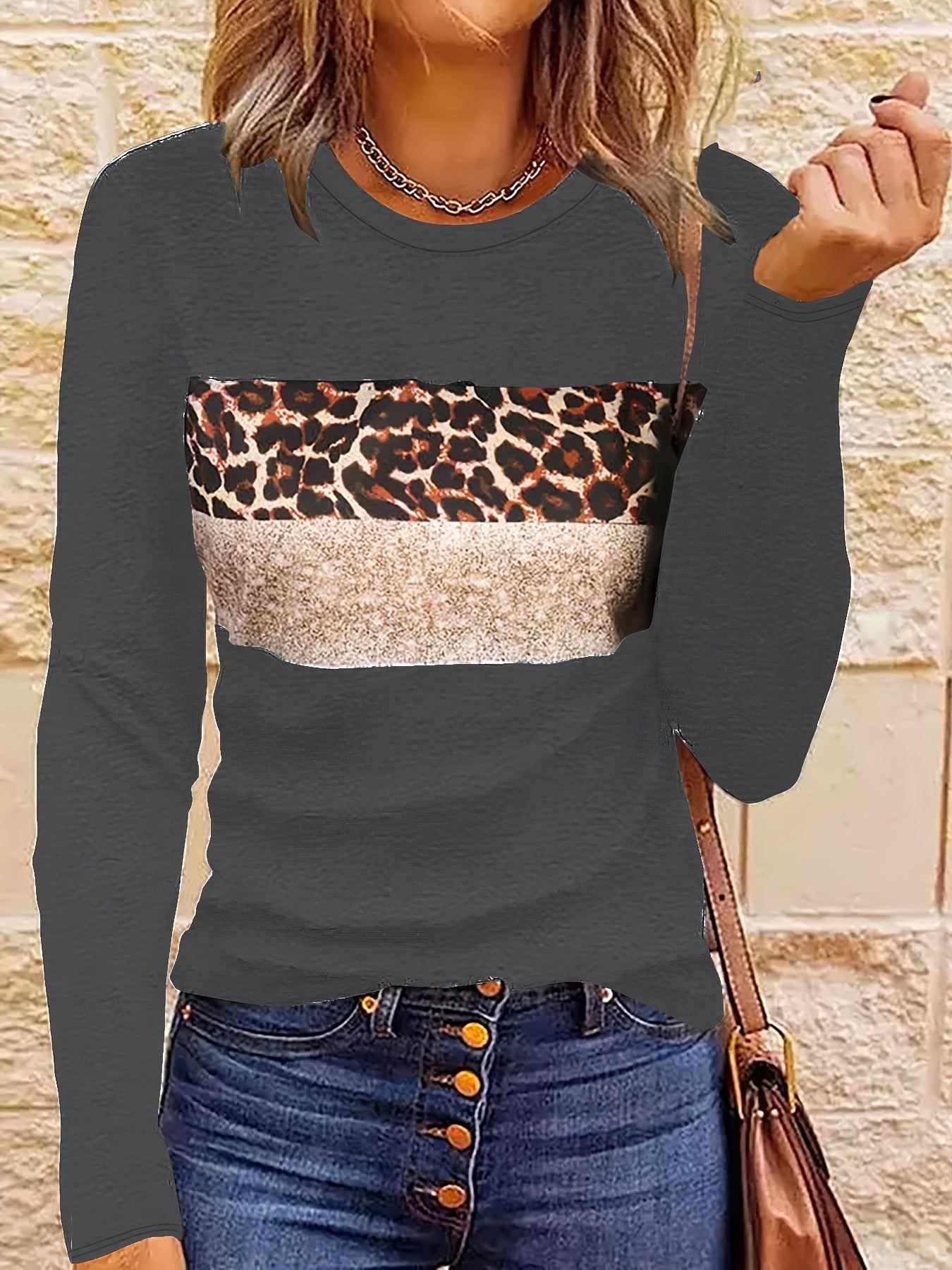 T-shirt ajusté à manches longues pour femme, simple et décontracté, imprimé