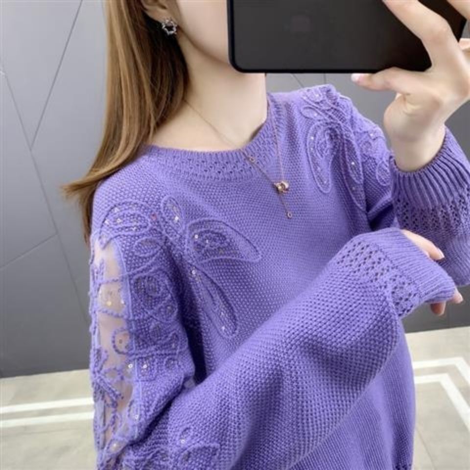 Pull en dentelle à manches longues pour femme, ample et ajouré
