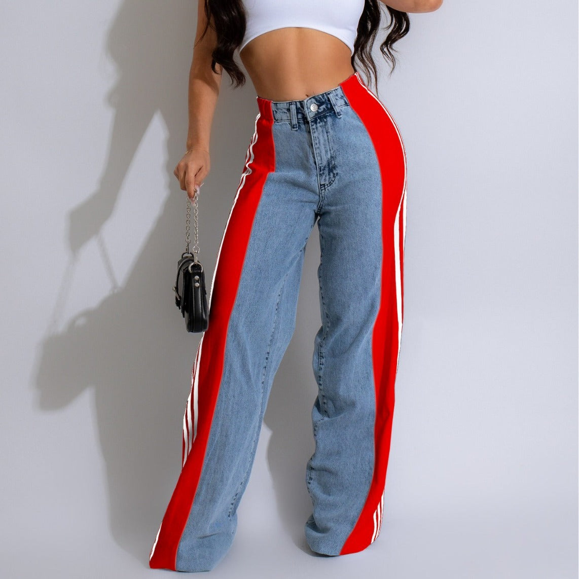 Pantalon décontracté taille haute élastique à jambe droite