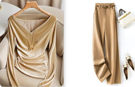 Top Champagne Col V Manches Longues Plissé Femme Hiver