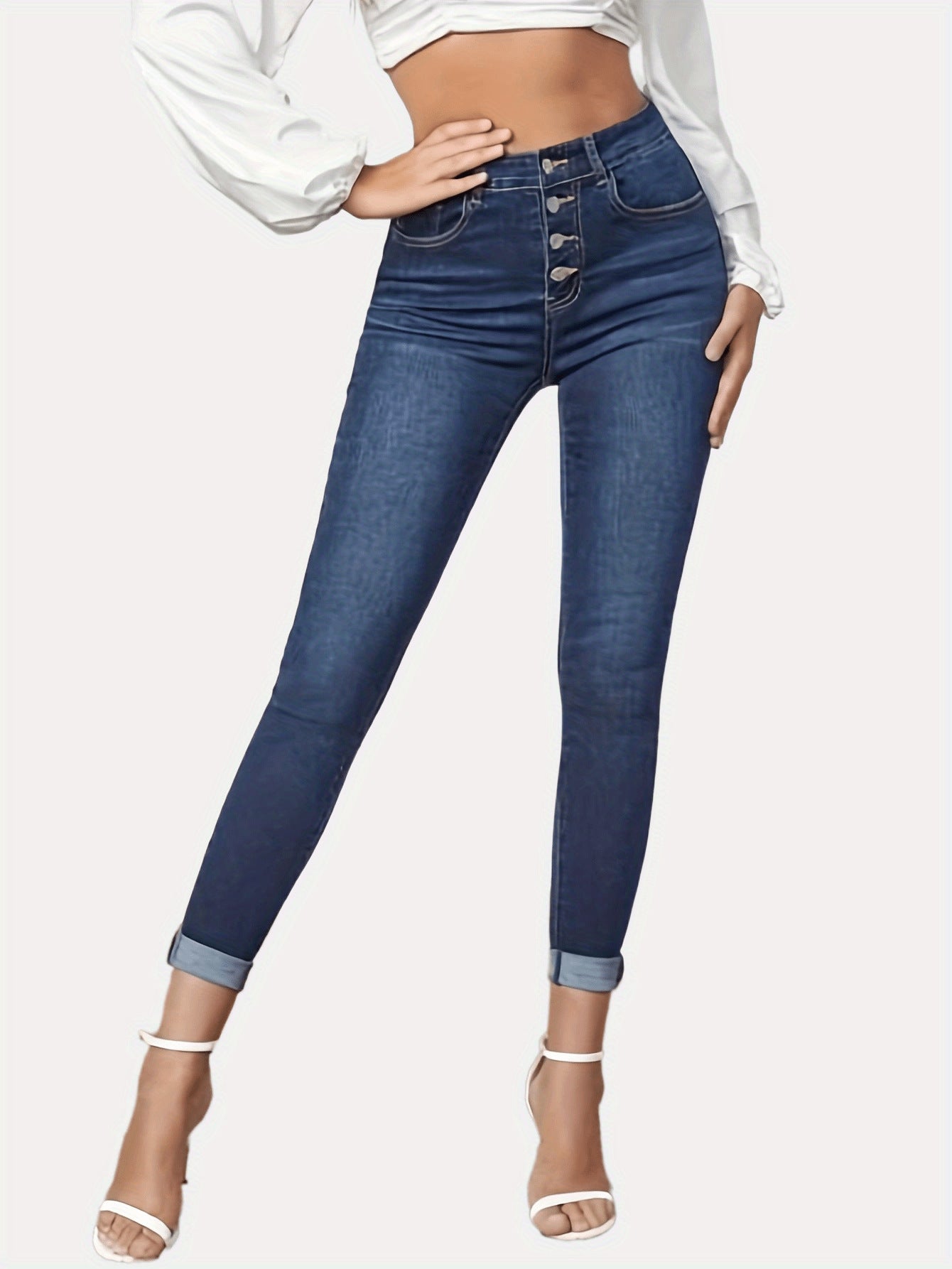 Jean court extensible à ourlet roulé et coupe slim contrastée