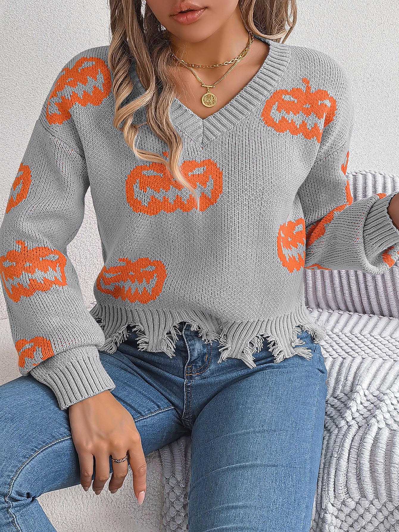 Pull à manches longues à coupe citrouille contrastée pour Halloween