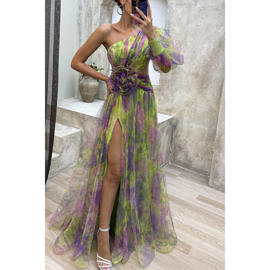 Nouvelle robe de soirée en maille à épaules inclinées, jupe longue décontractée et tendance pour femme