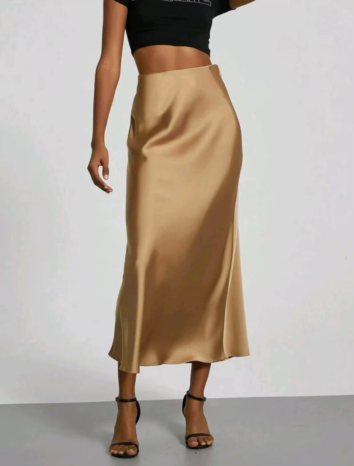 Jupe longue en satin coupe slim pour femme, style chic et uni