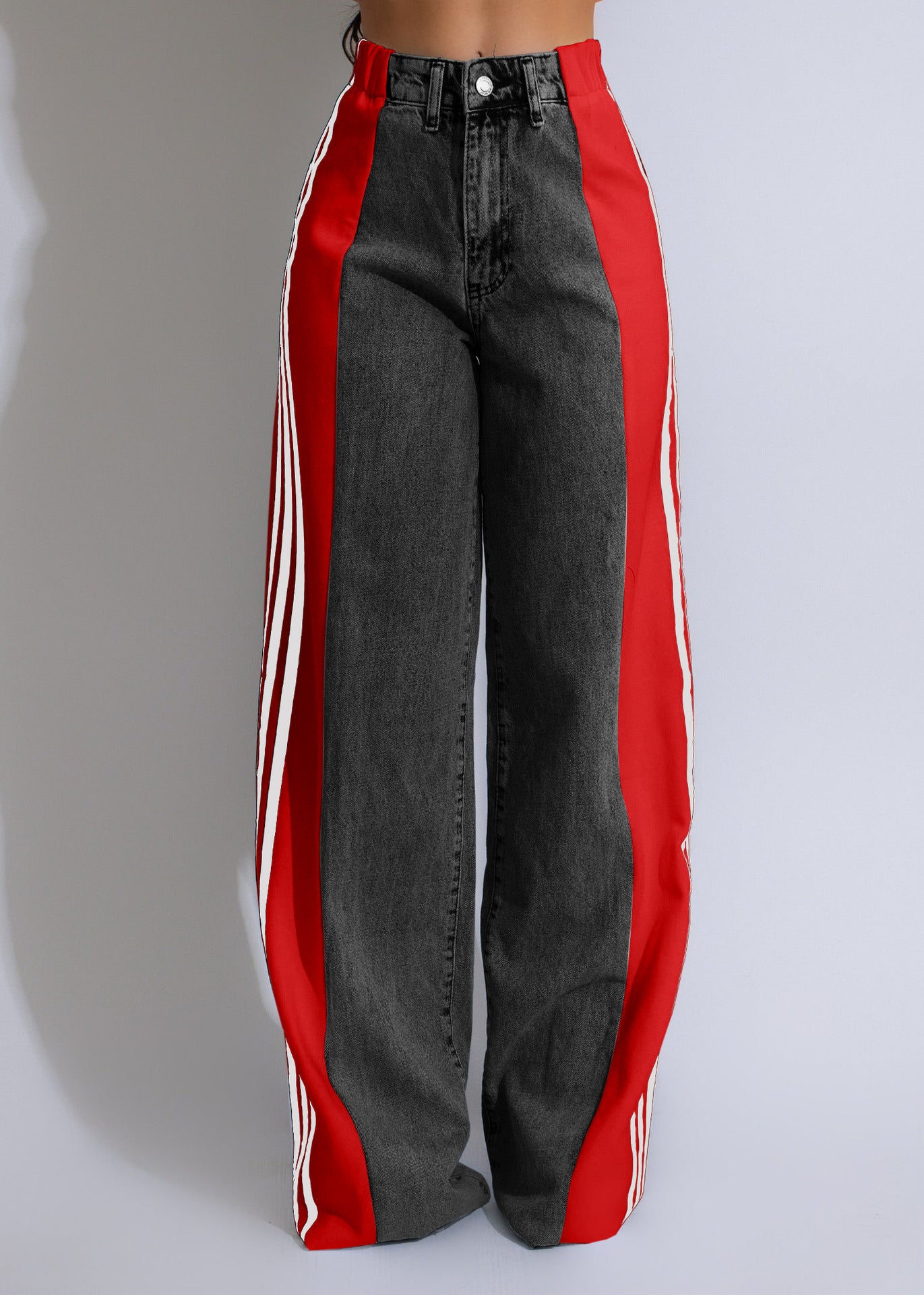 Pantalon décontracté taille haute élastique à jambe droite