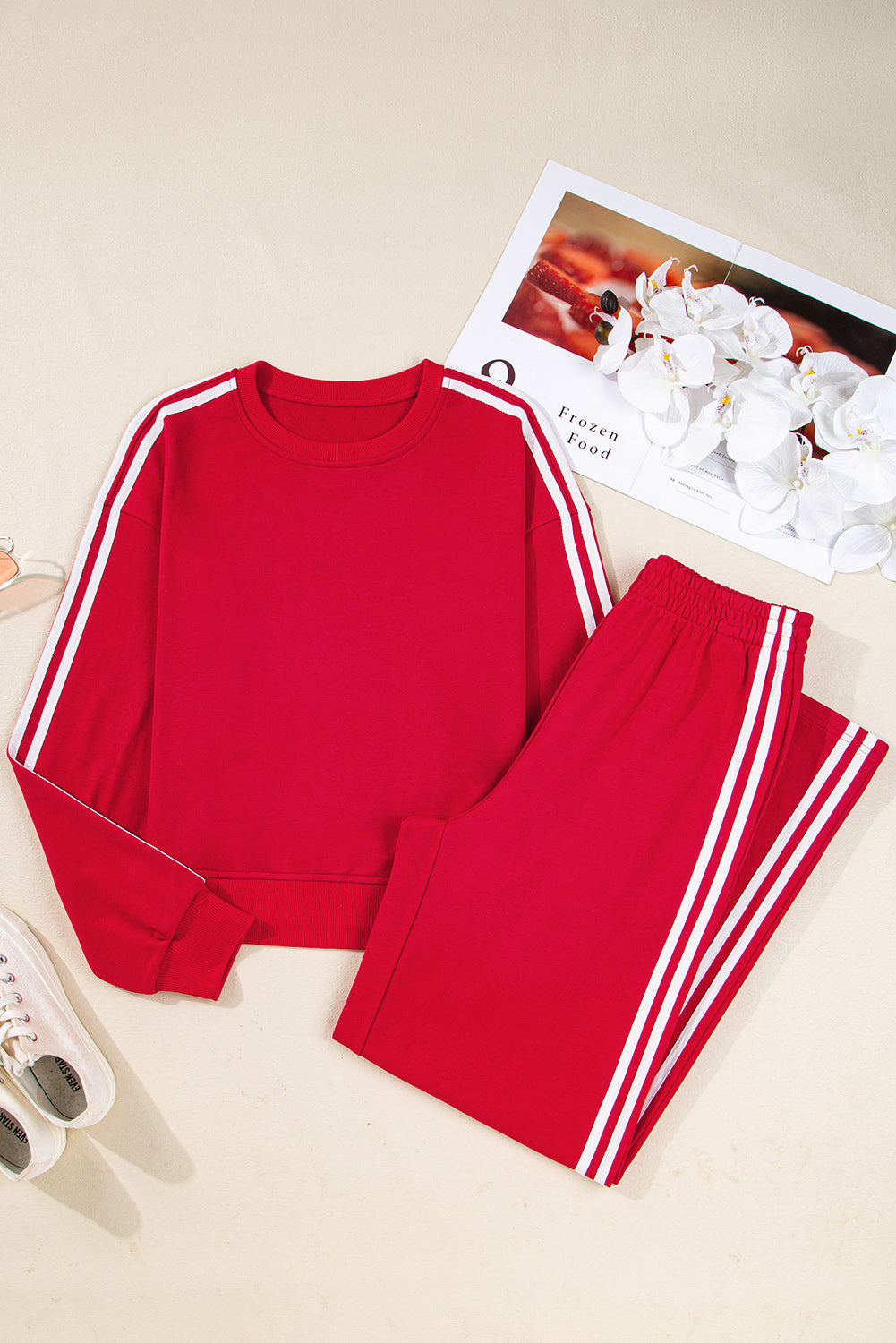 Fiery Red Varsity Striped Detail Crewneck Pullover Elastic Sweatpants 2PCS tenue