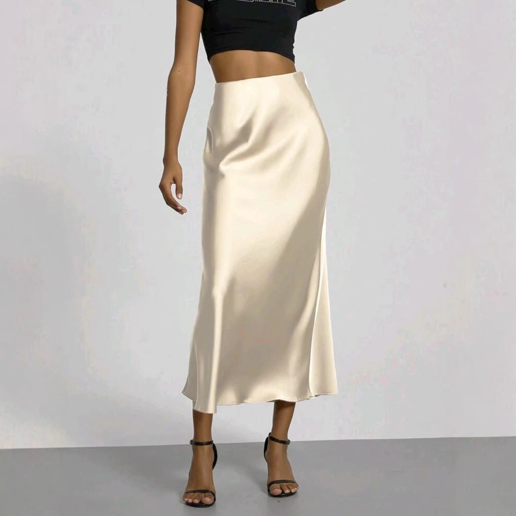 Jupe longue en satin coupe slim pour femme, style chic et uni