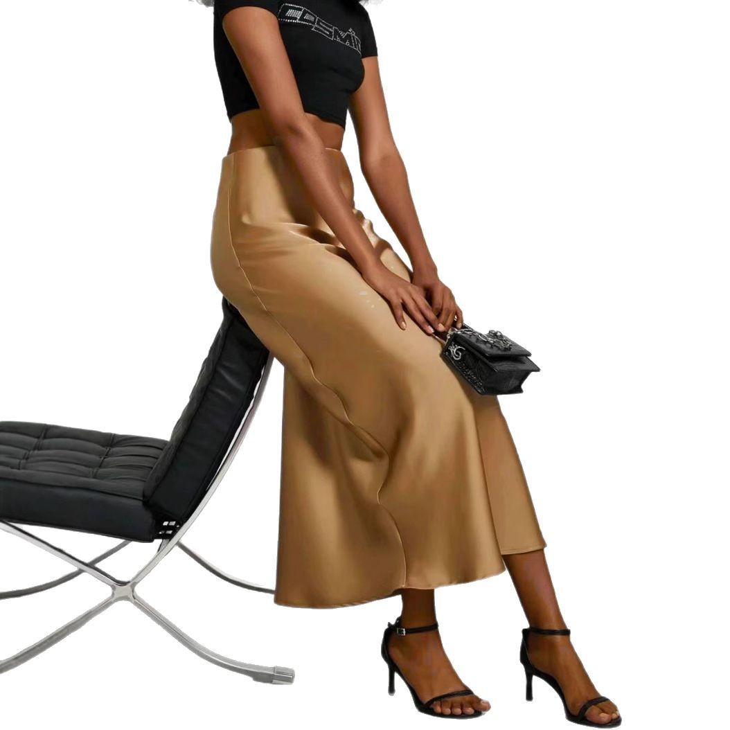 Jupe longue en satin coupe slim pour femme, style chic et uni