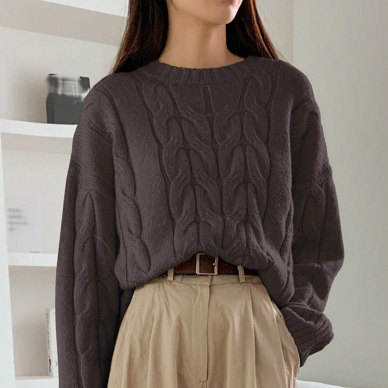 Pull tendance à col rond et couleur unie