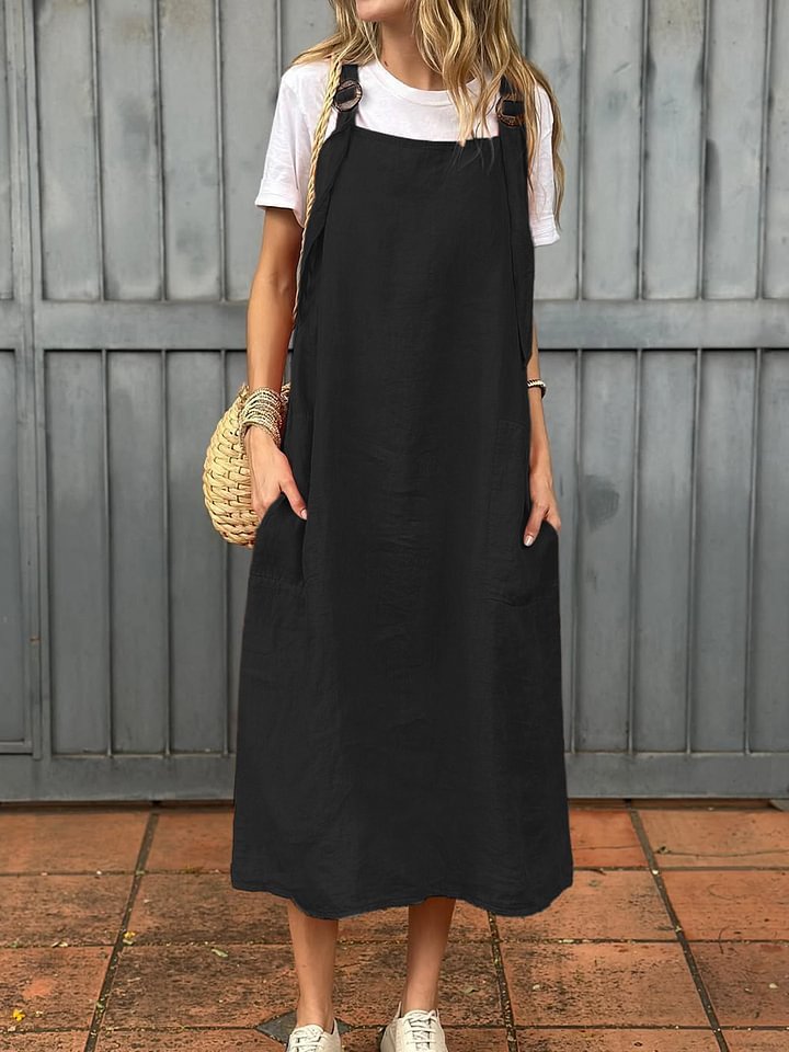 Robe d'été décontractée en coton et lin , bretelles réglables