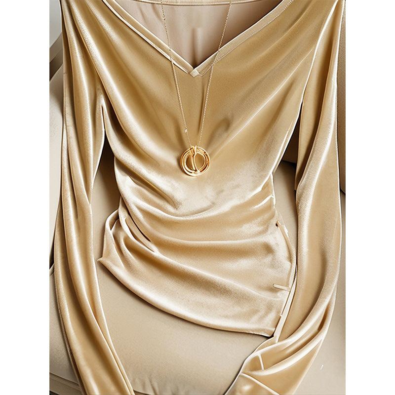 Top Champagne Col V Manches Longues Plissé Femme Hiver