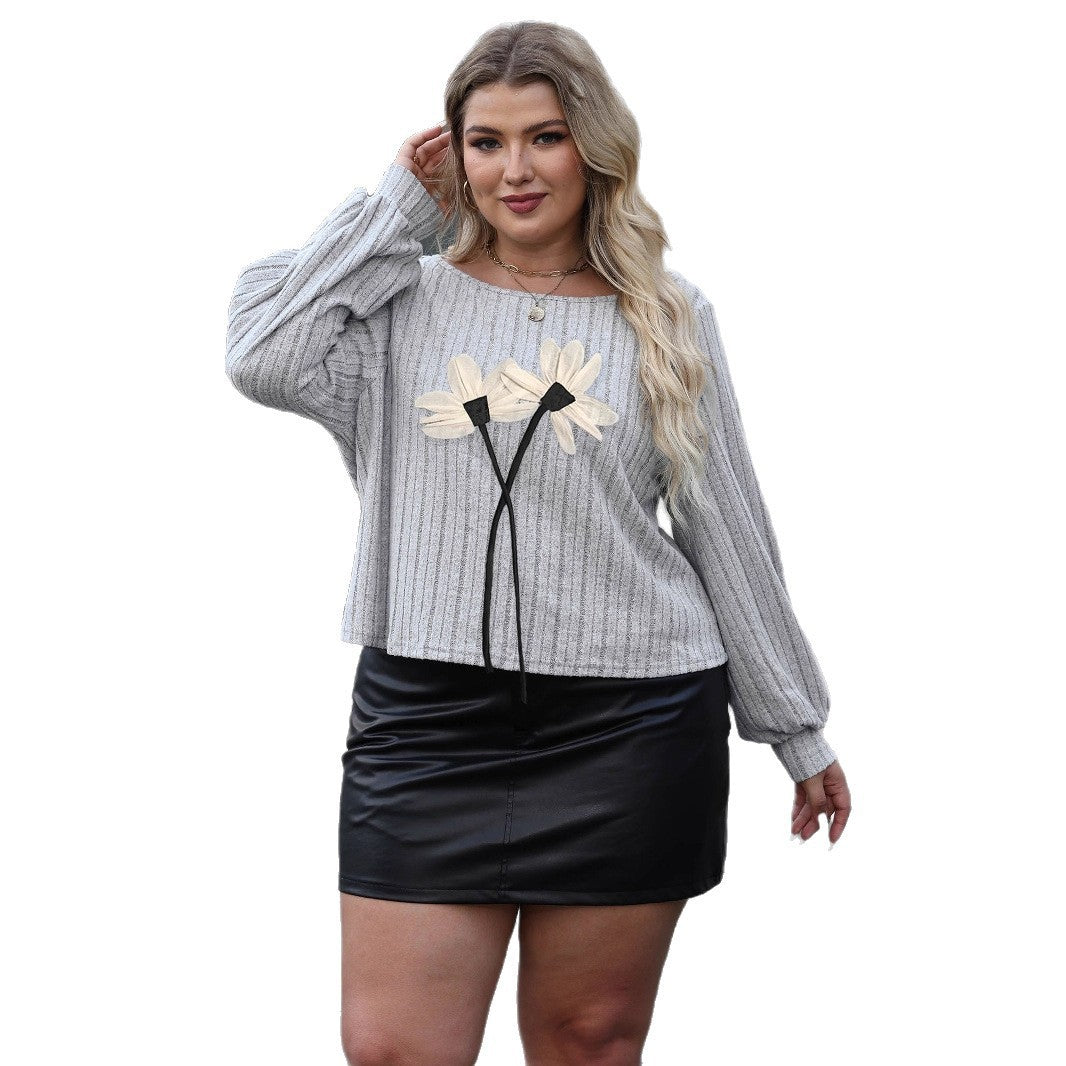 Haut décontracté grande taille à col rond, fleurs tridimensionnelles en maille pour femme