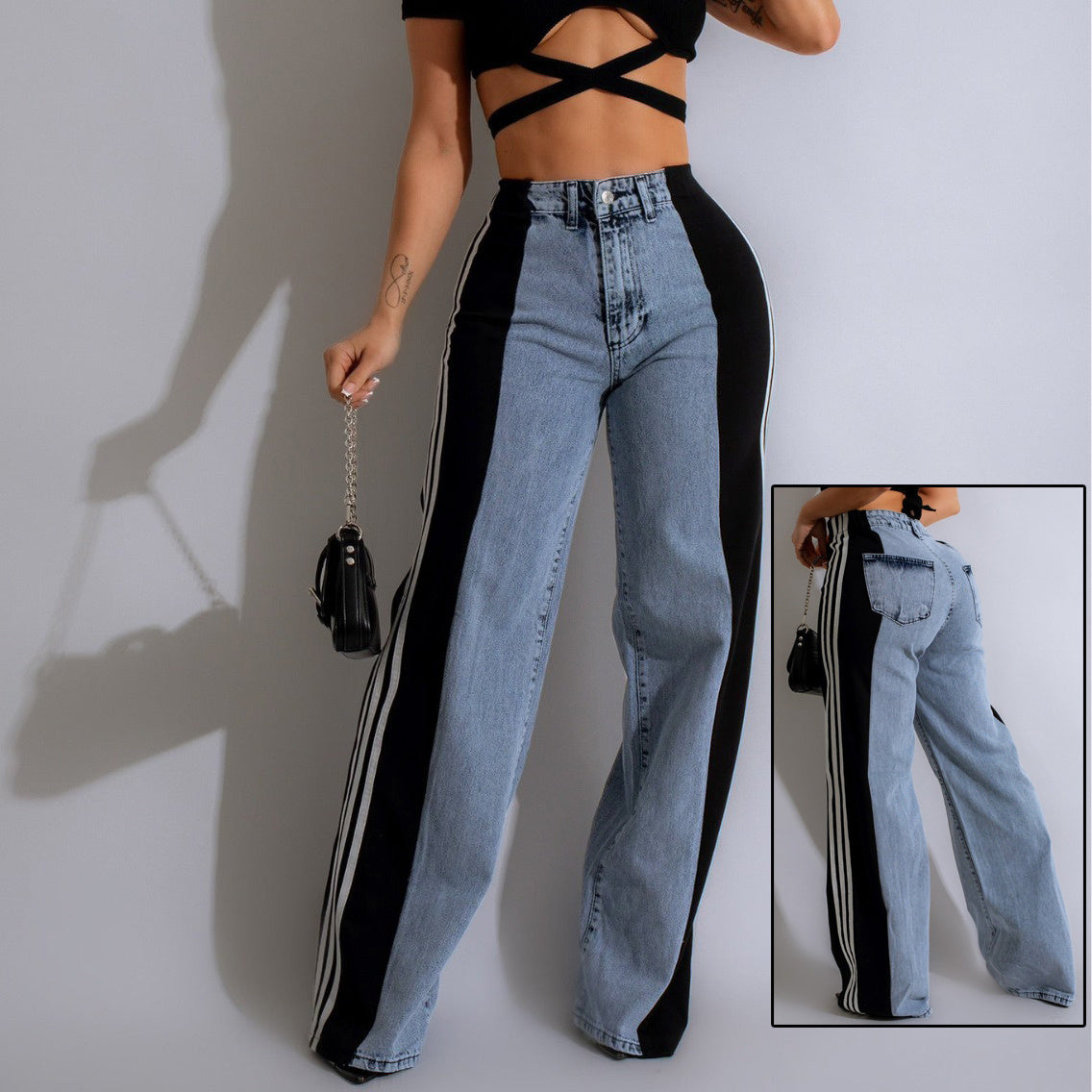 Pantalon décontracté taille haute élastique à jambe droite