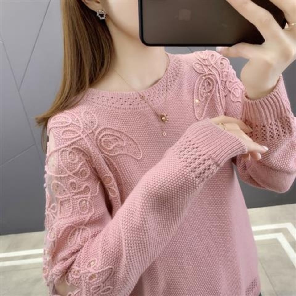 Pull en dentelle à manches longues pour femme, ample et ajouré