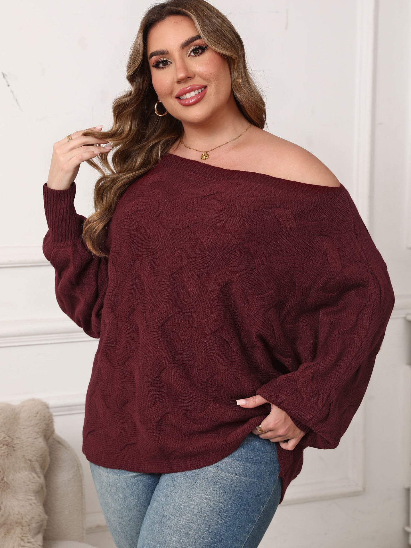 Pull ample sexy à épaules dénudées et manches chauve-souris pour femme grande taille