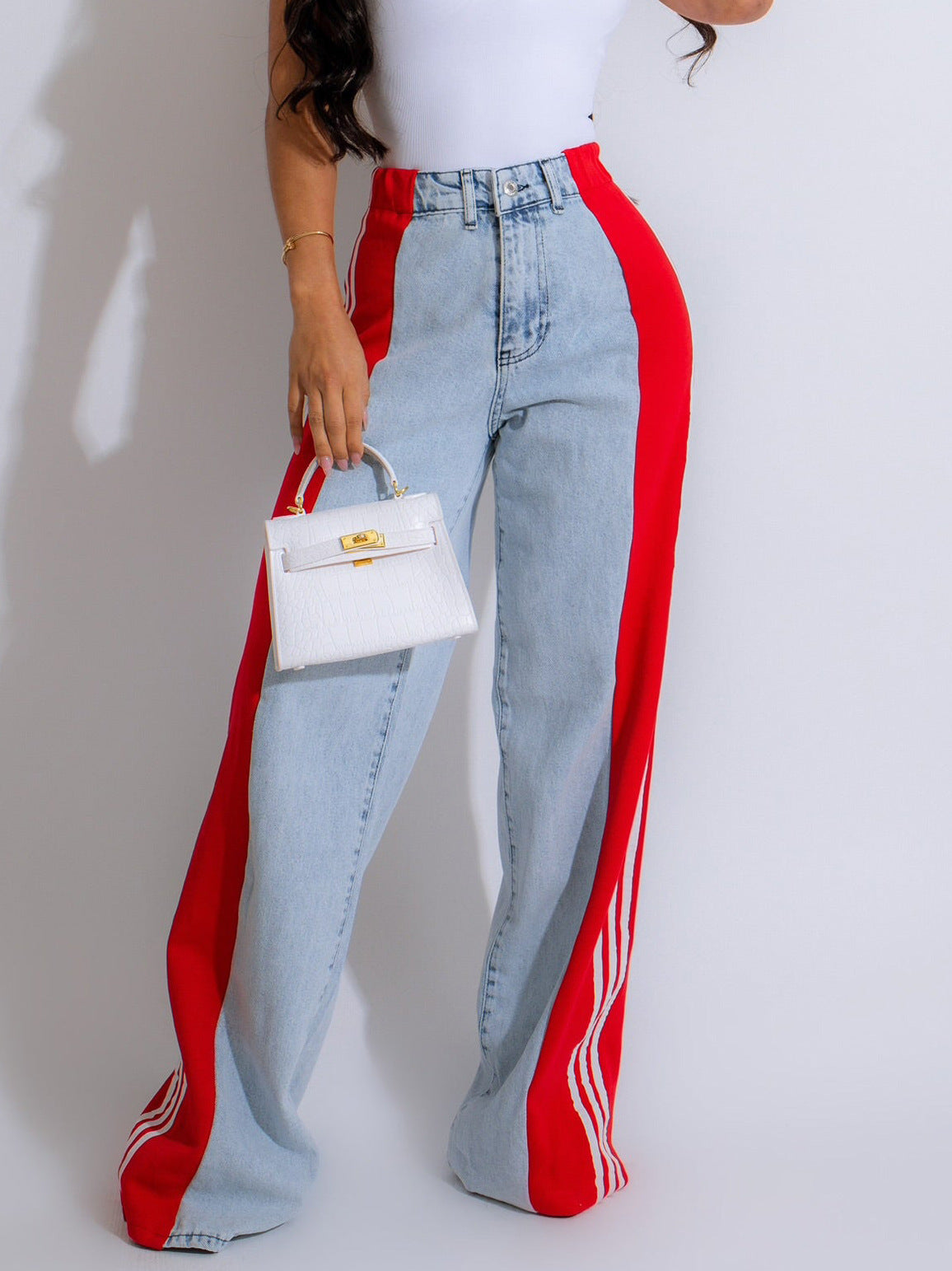 Pantalon décontracté taille haute élastique à jambe droite