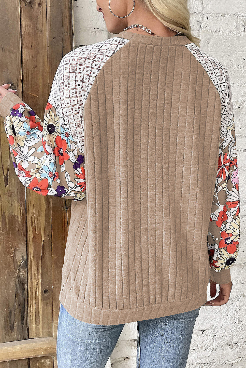 Blouse côtelée à manches longues et patchwork floral parchemin