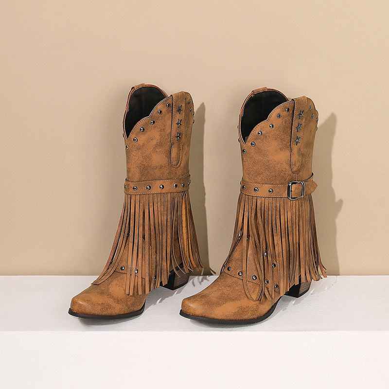 Bottes mi-mollet à pompons pour femmes