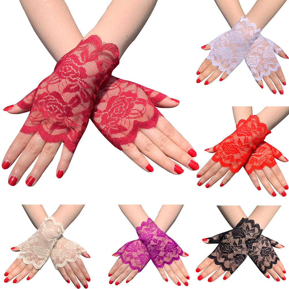 Gants courts demi-doigts en dentelle pour femmes, résistants au soleil