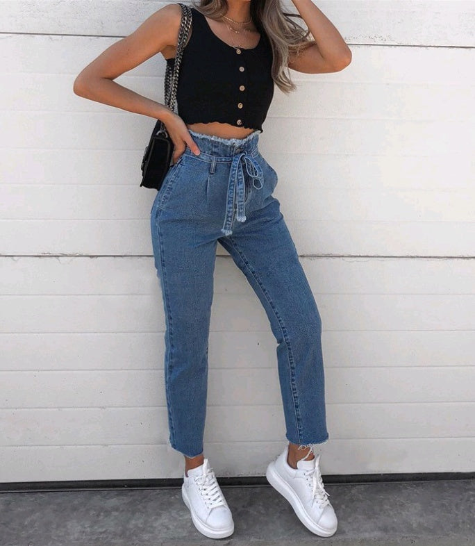 Pantalon crayon délavé taille haute