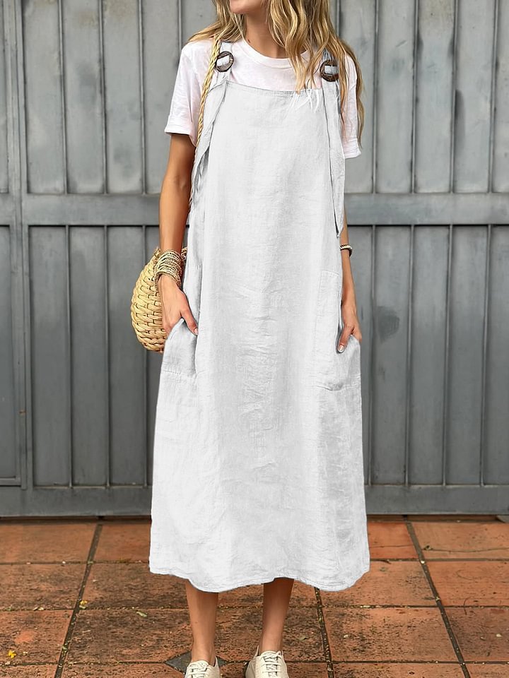 Robe d'été décontractée en coton et lin , bretelles réglables