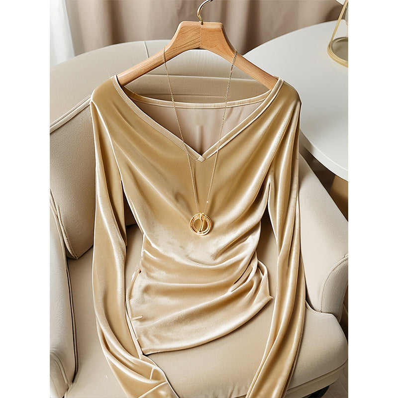 Top Champagne Col V Manches Longues Plissé Femme Hiver