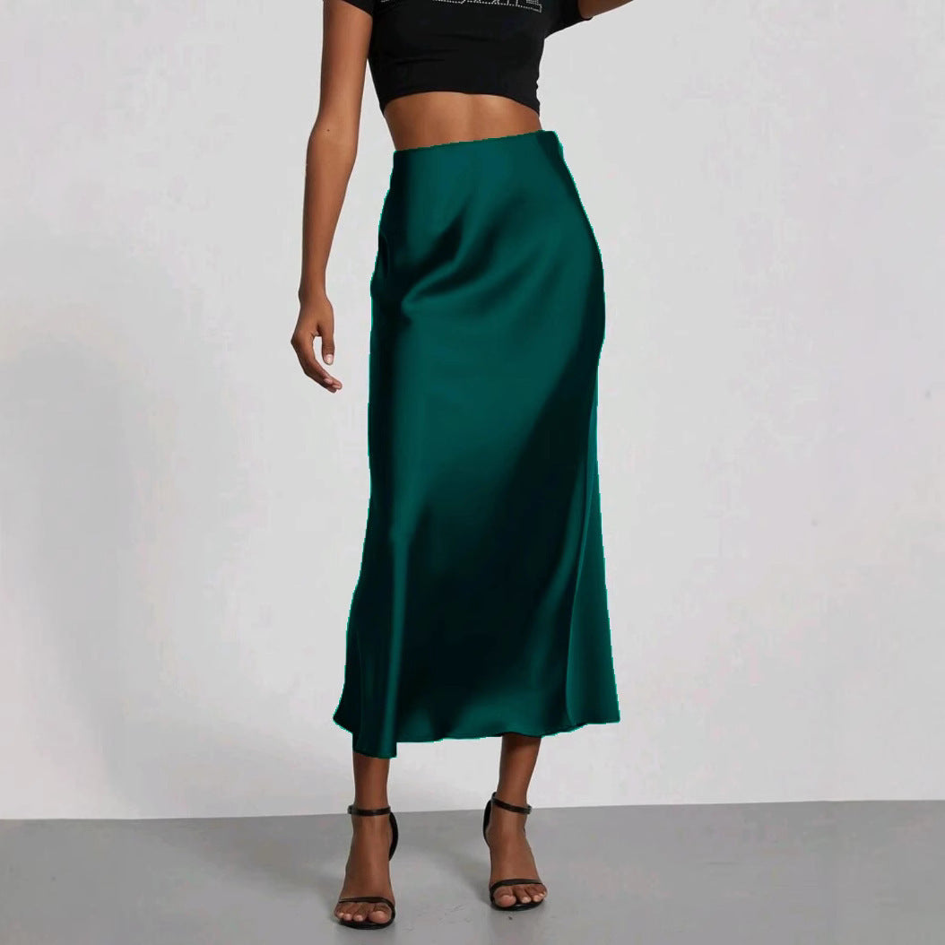 Jupe longue en satin coupe slim pour femme, style chic et uni