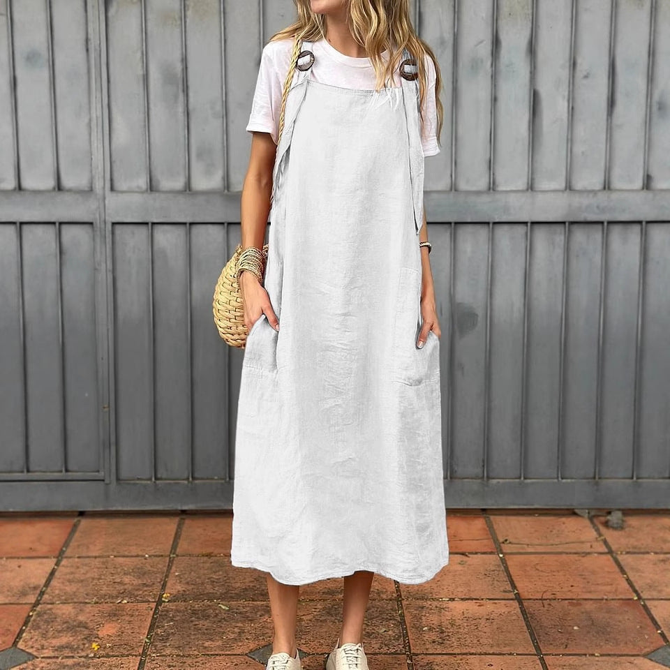 Robe d'été décontractée en coton et lin , bretelles réglables