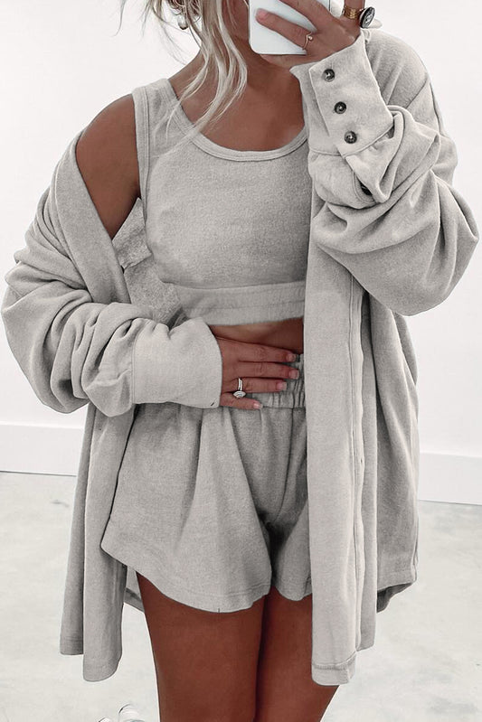 Grey 3 PCS Crop Tank Shorts avec plate-forme de cardigan