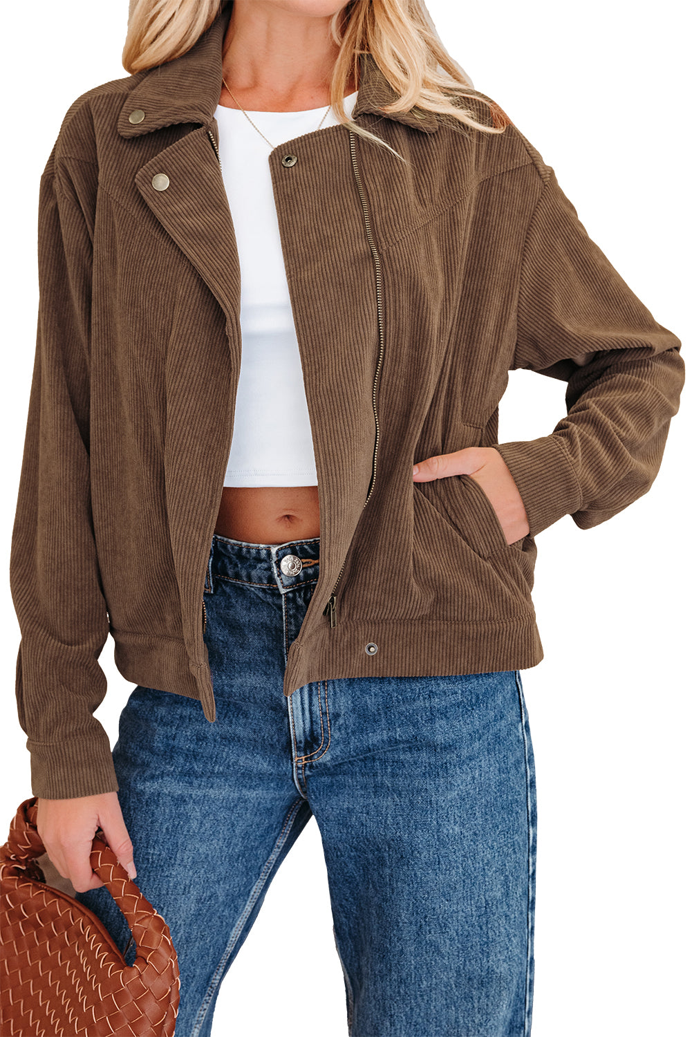 Bouton kaki foncé zipper la veste en velours côtelé à revers