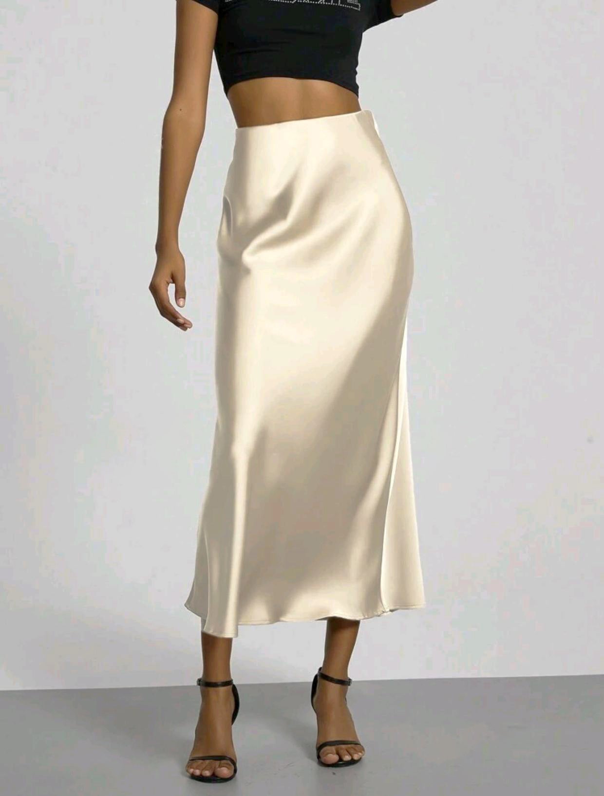 Jupe longue en satin coupe slim pour femme, style chic et uni
