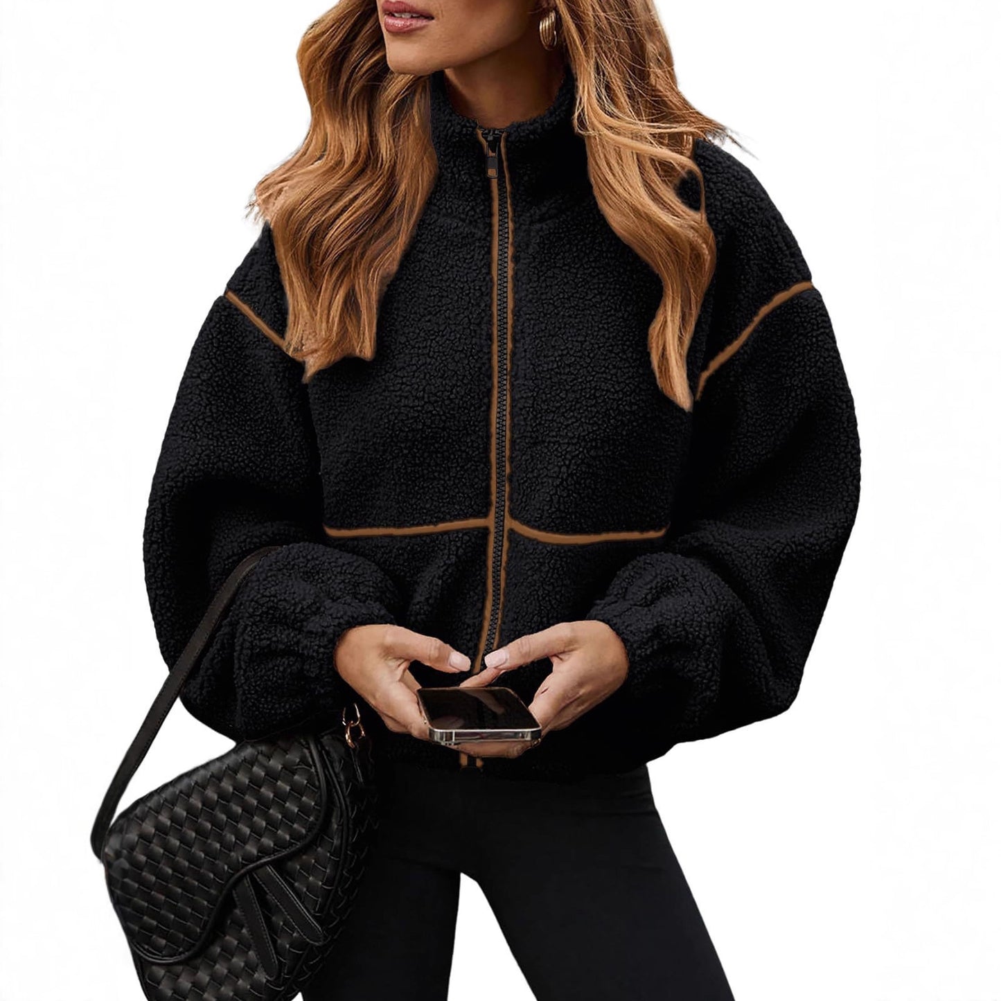 Manteau de loisirs polyvalent en polaire berbère à col montant et couleur contrastée