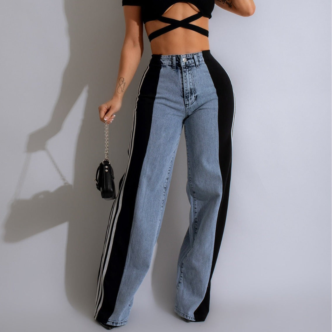 Pantalon décontracté taille haute élastique à jambe droite