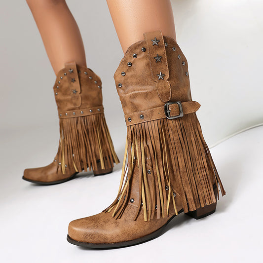 Bottes mi-mollet à pompons pour femmes