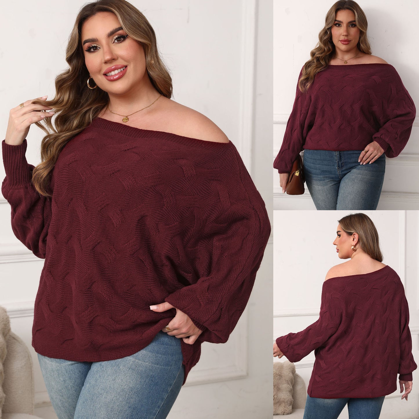 Pull ample sexy à épaules dénudées et manches chauve-souris pour femme grande taille