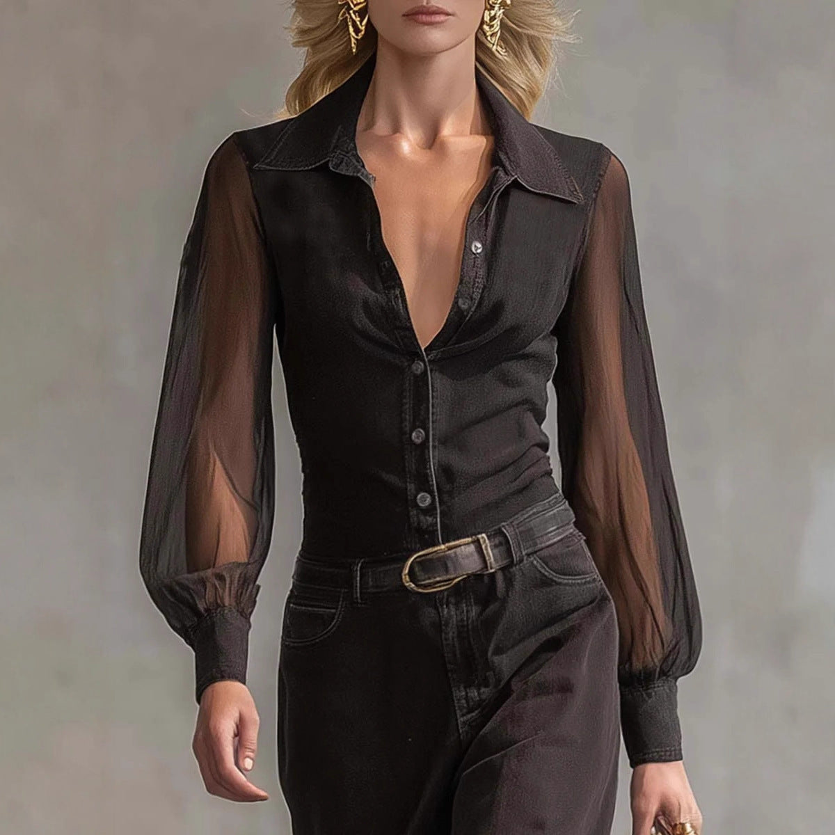 Robe chemisier transparente à manches longues et col boutonné en maille