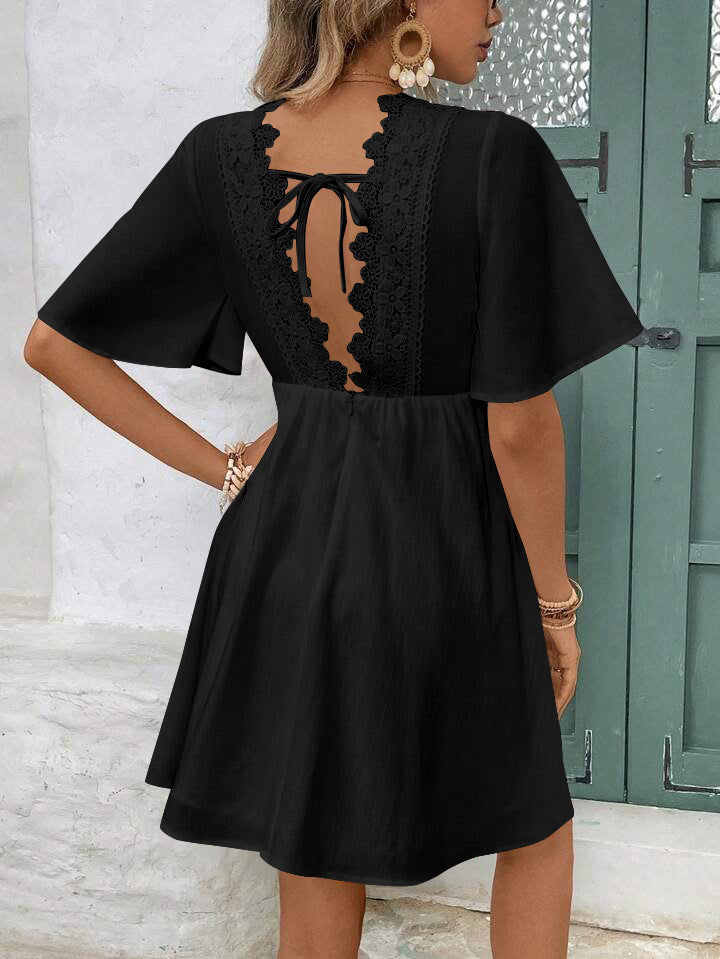 Robe à manches courtes et col en V en dentelle pour femme